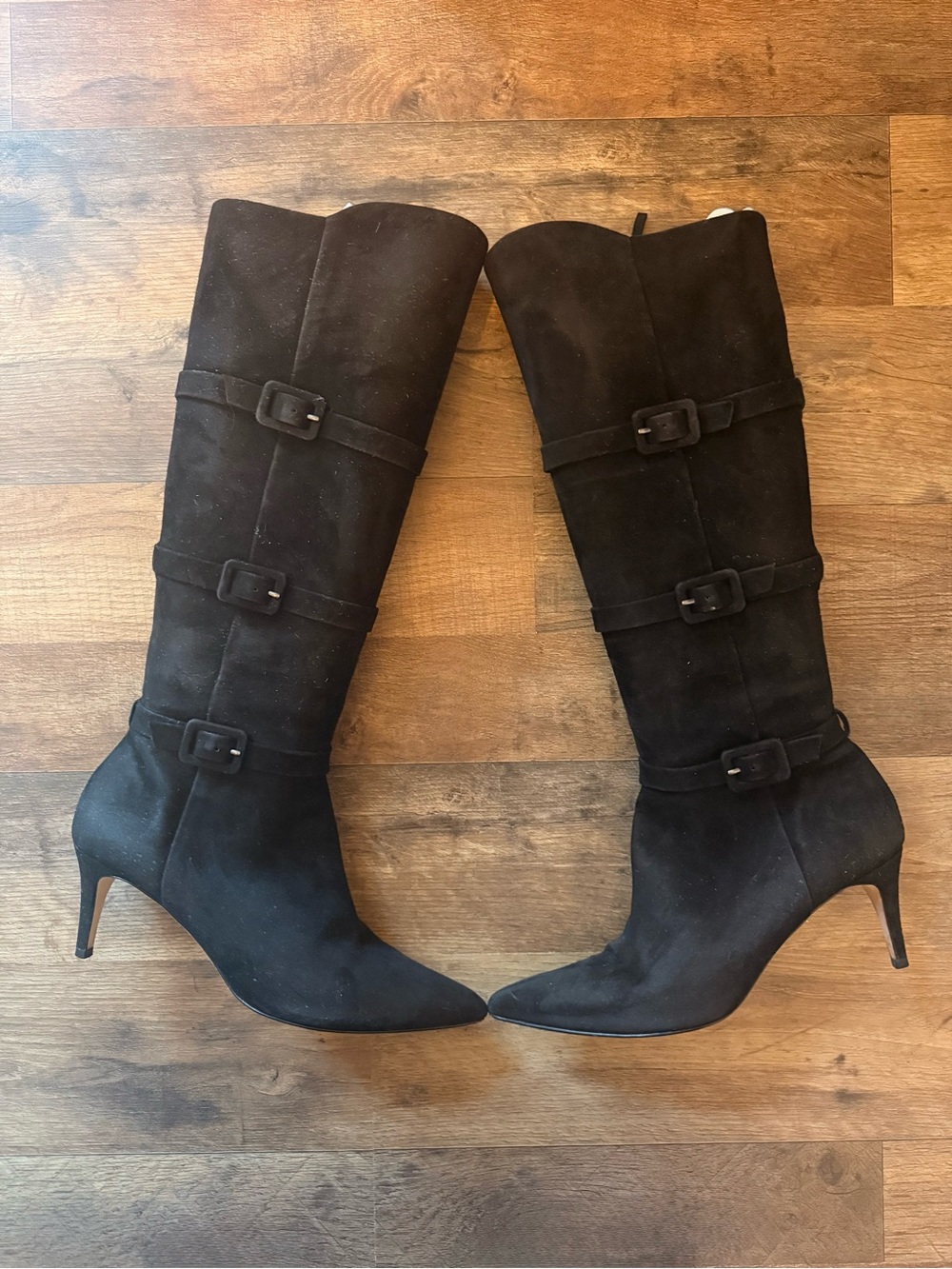 Women's Black Suede Knee-High Buckle Heeled Boots
